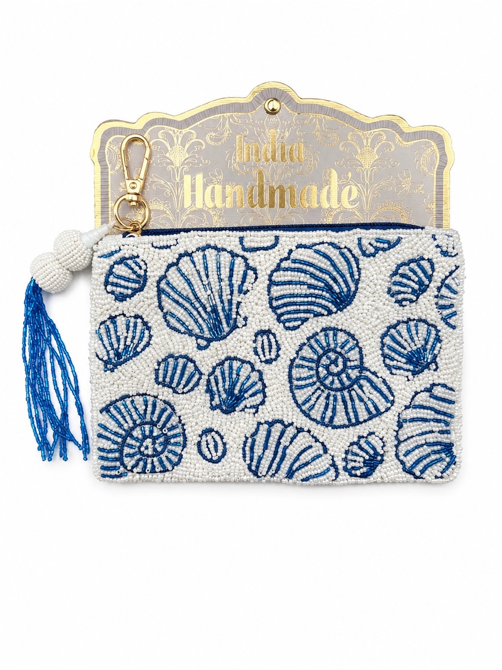 Coastal Handmade Beaded Shell Pouch in White & Blue